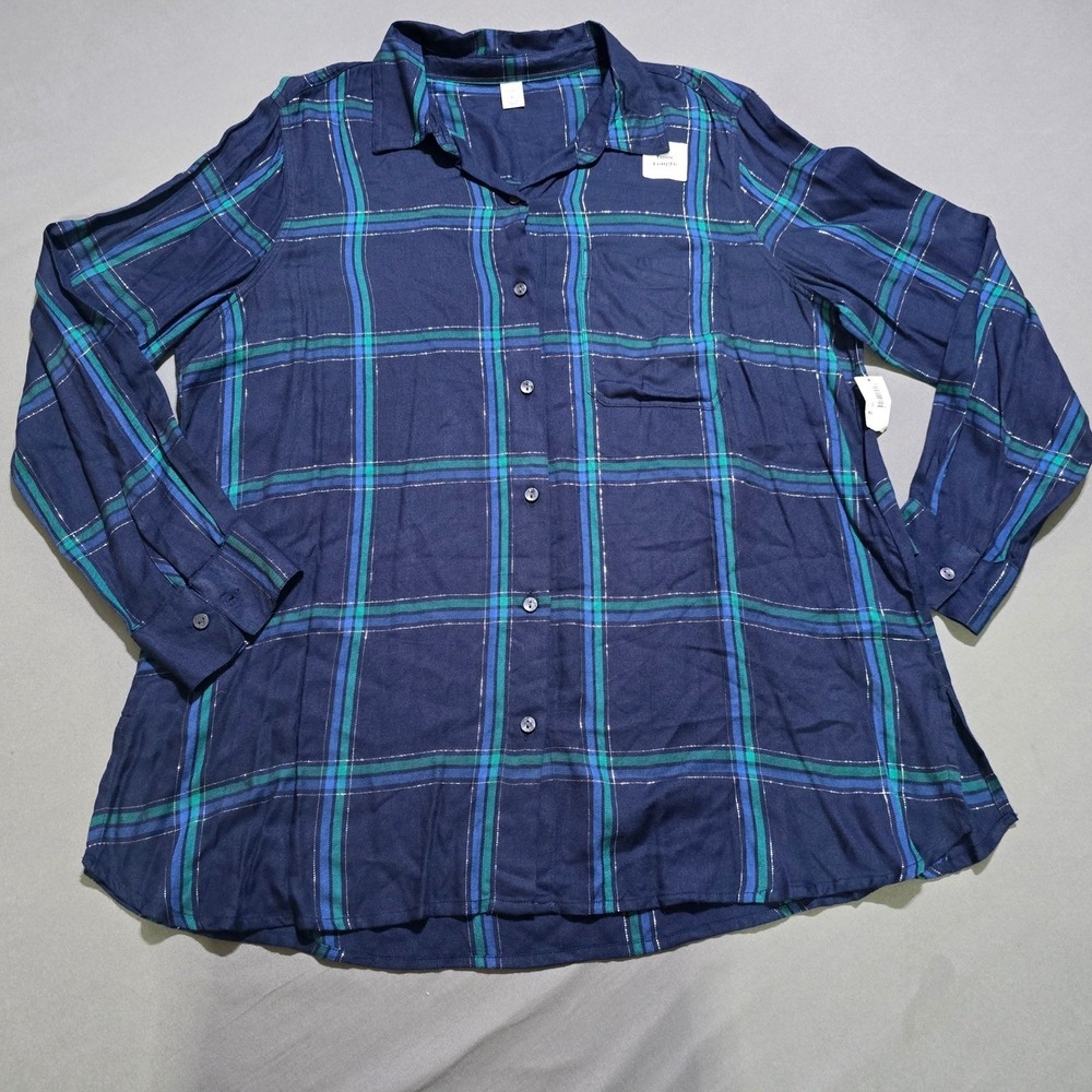 new Old Navy Plaid Button Down Women XL Navy Metallic Lurex Tunic Shirt